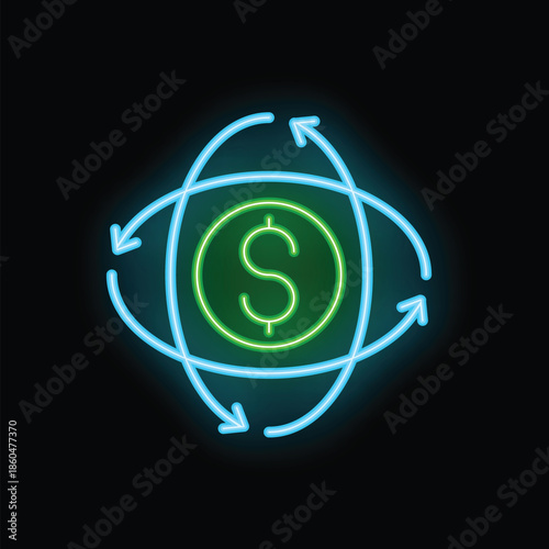 Neon sign illustrating money circulation with a dollar symbol surrounded by rotating arrows on a black background