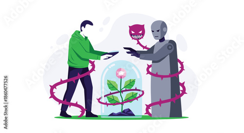 Menacing robot with thorny vines blocking a person from accessing a delicate flower, symbolizing the ethical dangers of AI technology.