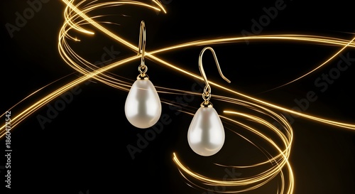 A creatively enhanced rephrasing of pearl drop earrings floating with golden threads of light swirling around them, depicted with richer detail and a more artistic presentation.