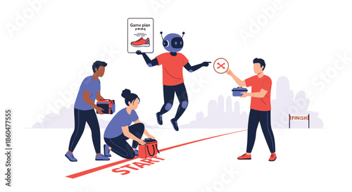 Diverse team at a race starting line gets a game plan from an AI coach while one member rejects an unhealthy food choice.