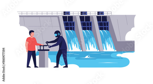 Man and an AI robot work together to operate the controls of a large hydroelectric dam, symbolizing management of resources.