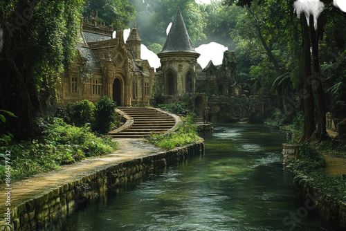 Dreamy mystical forest trail leading through glowing enchanted scenery isolated on transparent background