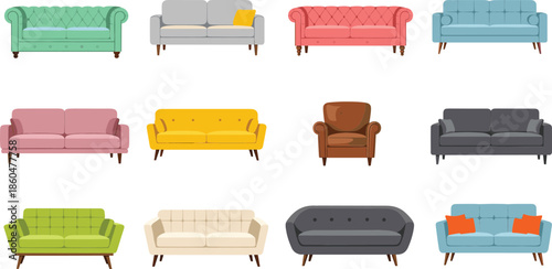 Modern Sofa And Couch Collection Set Isolated On White Background Living Room Furniture Cartoon Vector Illustration