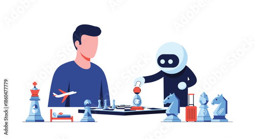 Man playing a strategic game of chess against an AI robot where the chess pieces represent travel and lifestyle elements.