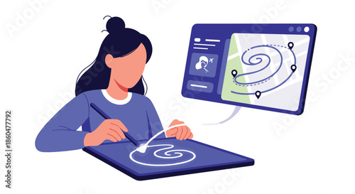 A designer drawing a swirling path on a tablet, which translates into a planned travel route with location pins on a digital map.