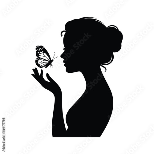 Black silhouette illustration of a young girl holding a butterfly. Concept of innocence, freedom, nature, imagination and calm emotion. Isolated on transparent background.