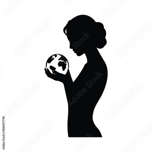 Black silhouette of a woman holding the planet Earth. Concept of environment protection, save earth, ecology, nature care and global responsibility. Isolated on transparent background.