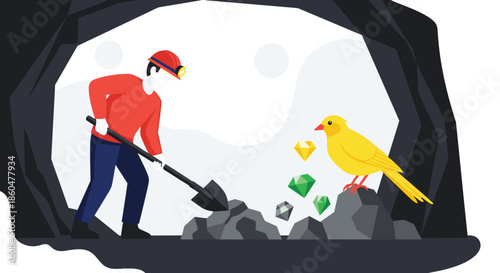 Miner digging for treasure in a dark cave while a canary bird acts as a guide, pointing out valuable hidden gems and jewels.