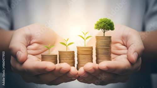 Hands nurturing stacks of coins with growing plants symbolizing financial growth and sustainability