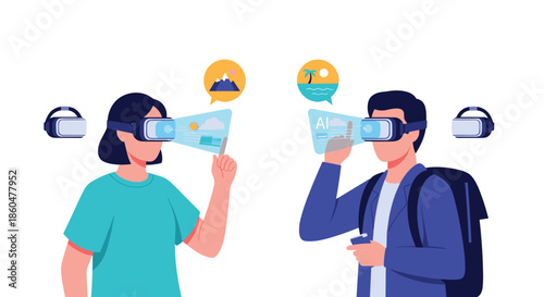 Travelers with VR headsets using AI-powered augmented reality to plan and experience a virtual vacation to the beach and mountains.