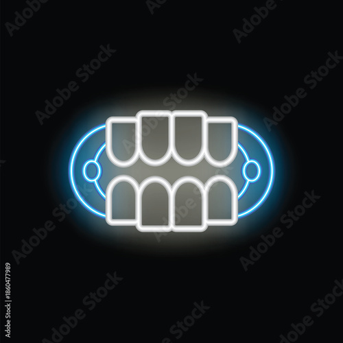 Glowing neon line icon of a dental implant replacing a missing tooth, illustrating the concept of dental care and implantology