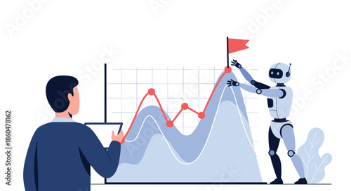 AI robot assists a businessman in achieving goals by placing a flag on the peak of a performance graph, symbolizing success.