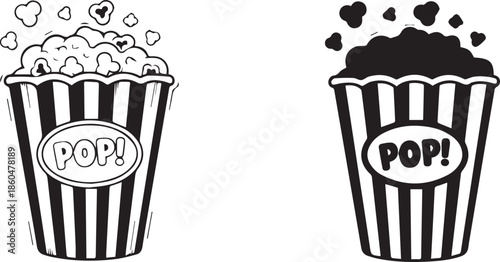 Popcorn container duo with striped design, heart-shaped puffs, and “POP!” label in black silhouette style