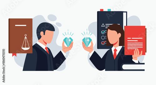 Male and female lawyers with legal books and documents each holding a valuable diamond, representing high-value legal services.