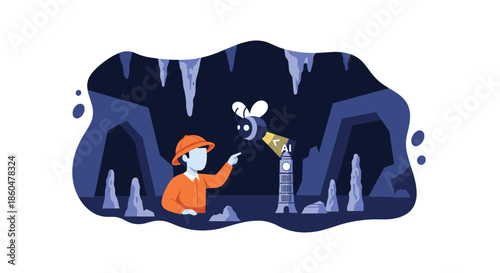Explorer in a dark cave discovers a glowing, intelligent bee-like AI, representing the discovery of new technology or ideas.