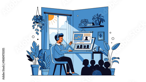 Remote worker presenting to virtual team in modern home office