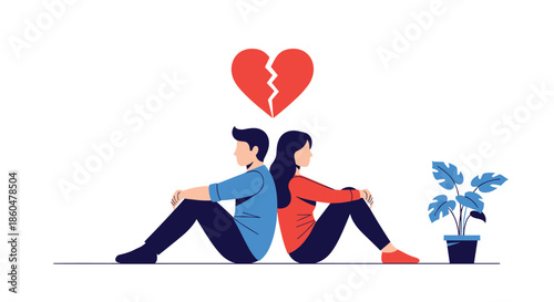 Couple sitting on the floor back to back with a floating broken heart symbol above them depicting relationship failure.