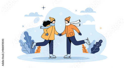 Happy couple holding hands while ice skating together on a frozen lake in a winter landscape with snowy clouds.