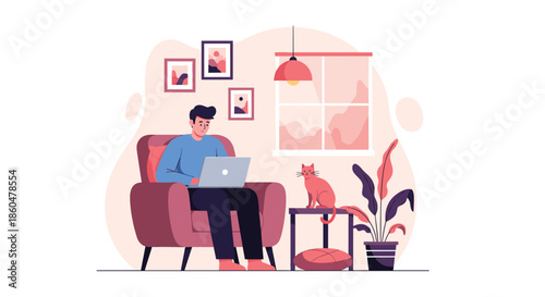 Young man working on a laptop while sitting in a comfortable armchair at home with his pet cat nearby in the living room.