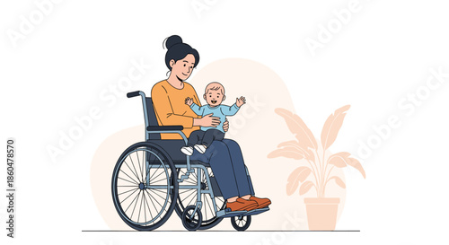 Happy mother in a wheelchair playing with her cheerful baby boy in a bright and cozy indoor living environment.