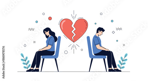 Sad man and woman sitting on chairs looking down with a large broken heart symbol between them symbolizing divorce.