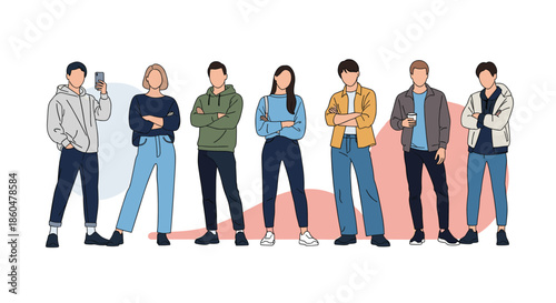 Group of diverse men and women standing together in casual clothing, representing teamwork and community in a modern style.