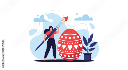 Woman using a giant paintbrush to decorate a large red Easter egg with white heart patterns and dots in a creative scene.