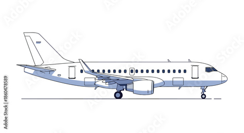 Modern white commercial airplane parked on a runway with its landing gear down, depicted in a clean technical illustration.
