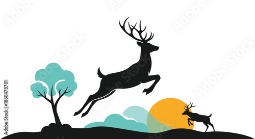 Black silhouette of a large deer leaping over a hill at sunset with a smaller deer and a teal tree on a white background.