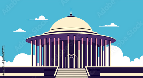 Grand modern architecture of a government or public building with a large dome and columns against a clear blue sky.