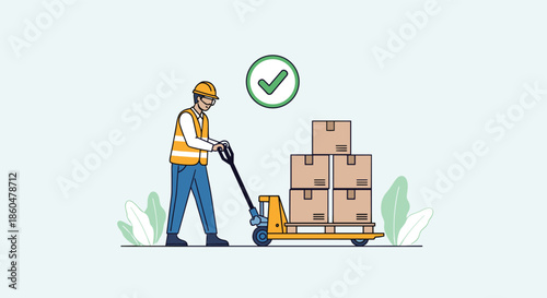 Male warehouse worker wearing a safety vest and helmet moving boxes with a manual pallet jack and a green checkmark.
