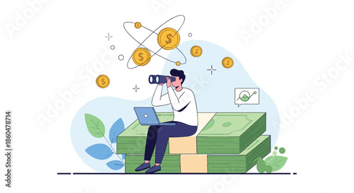Businessman sitting on stacks of cash while using binoculars to search for new financial opportunities and investments.