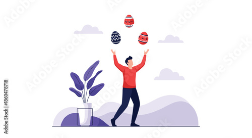 Enthusiastic man juggling colorful decorated Easter eggs in a minimalist outdoor setting with purple plants and clouds.