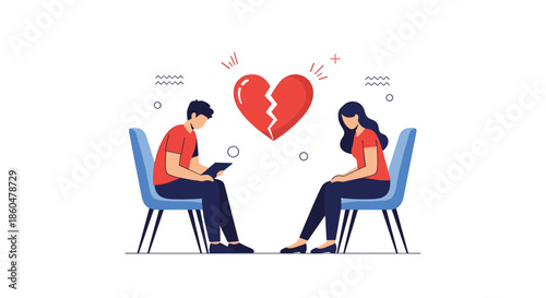 Sad man and woman sitting in chairs facing away from each other with a large broken red heart symbol between them.