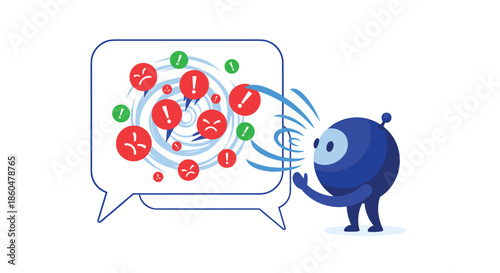 A small blue robot using its voice to calm a chaotic swirl of negative emotions and warnings inside a large speech bubble.