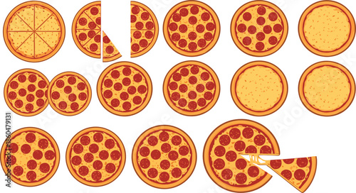Pepperoni pizza collection with whole pies and sliced portions for restaurant