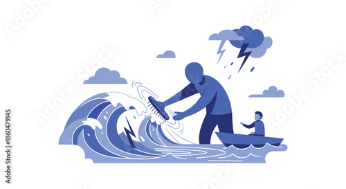 A giant person calms stormy ocean waves with a brush, protecting a small person in a boat, symbolizing control and protection.