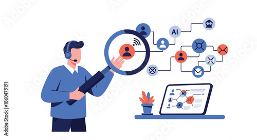 Customer service agent with a magnifying glass analyzes a complex customer journey map with AI and communication channel icons.
