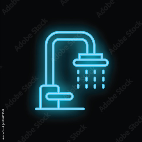 Bright blue neon shower faucet with flowing water icon sign symbol graphic on a black background