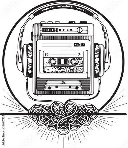 Cassette player icon with headphones, tangled ribbon, and circular badge in black silhouette retro design