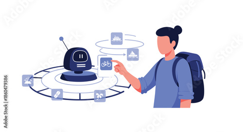 Young male traveler with a backpack interacting with a futuristic AI robot assistant to choose his preferred mode of transportation.