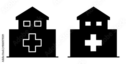 Hospital buildings with medical cross symbol