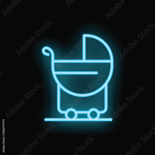 Neon baby carriage icon glowing on a black background, perfect for websites or mobile apps