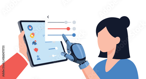 Woman observing as a robotic hand adjusts sliders and settings on a tablet, illustrating AI-powered personalization and user preferences.