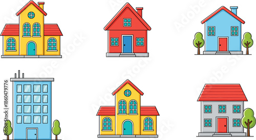 Residential house and apartment building icons collection with colorful home designs for real estate and neighborhood concepts isolated on white background vector illustration