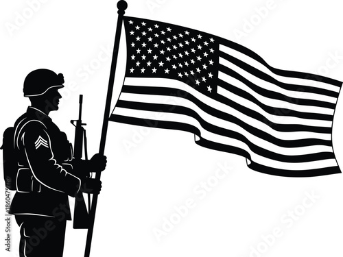 American soldier holding United States flag silhouette isolated black vector illustration symbolizing patriotism freedom military service honor national pride