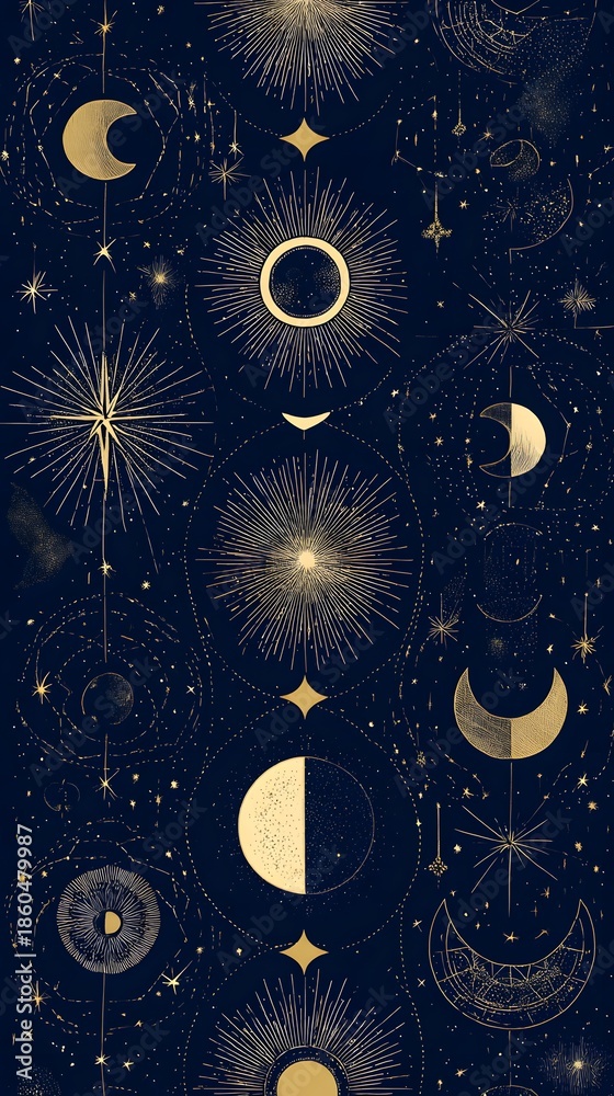 Obraz premium Celestial Moon Phases and Sun with Gold Stars on Navy Blue Background. Mystical Astrology Pattern.