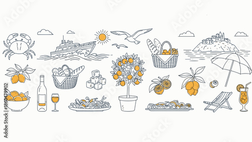 Seaside picnic setup with fresh food and drinks illustration