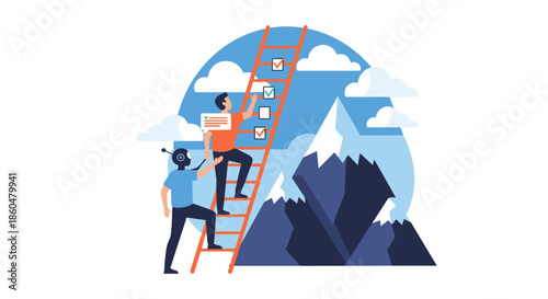 AI robot supports a man climbing a ladder towards a mountaintop, helping him check off tasks on a list to reach his goal.