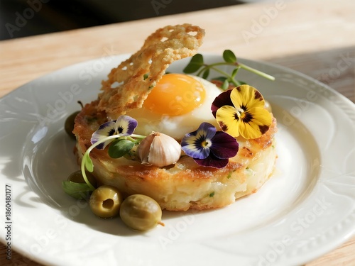 Garnished with Egg yolk tempura, Garlic Tuille, Land cress, Capers apple and Pansies petals.